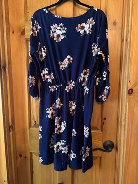 French Grey Navy Floral Dress with Cream and Pink Blooms